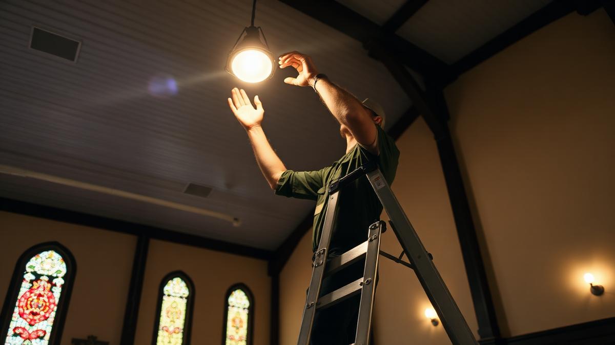 Worker on a ladder changing a ceiling light inside a church