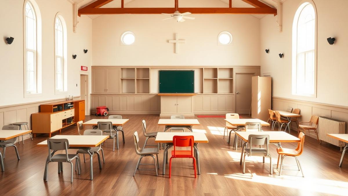 Bright, empty children's classroom in a church with small tables and chairs
