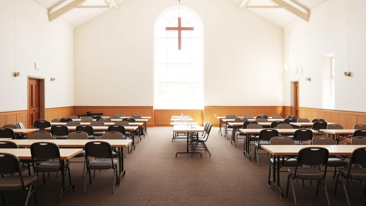Church fellowship hall set with tables and chairs beneath a cross