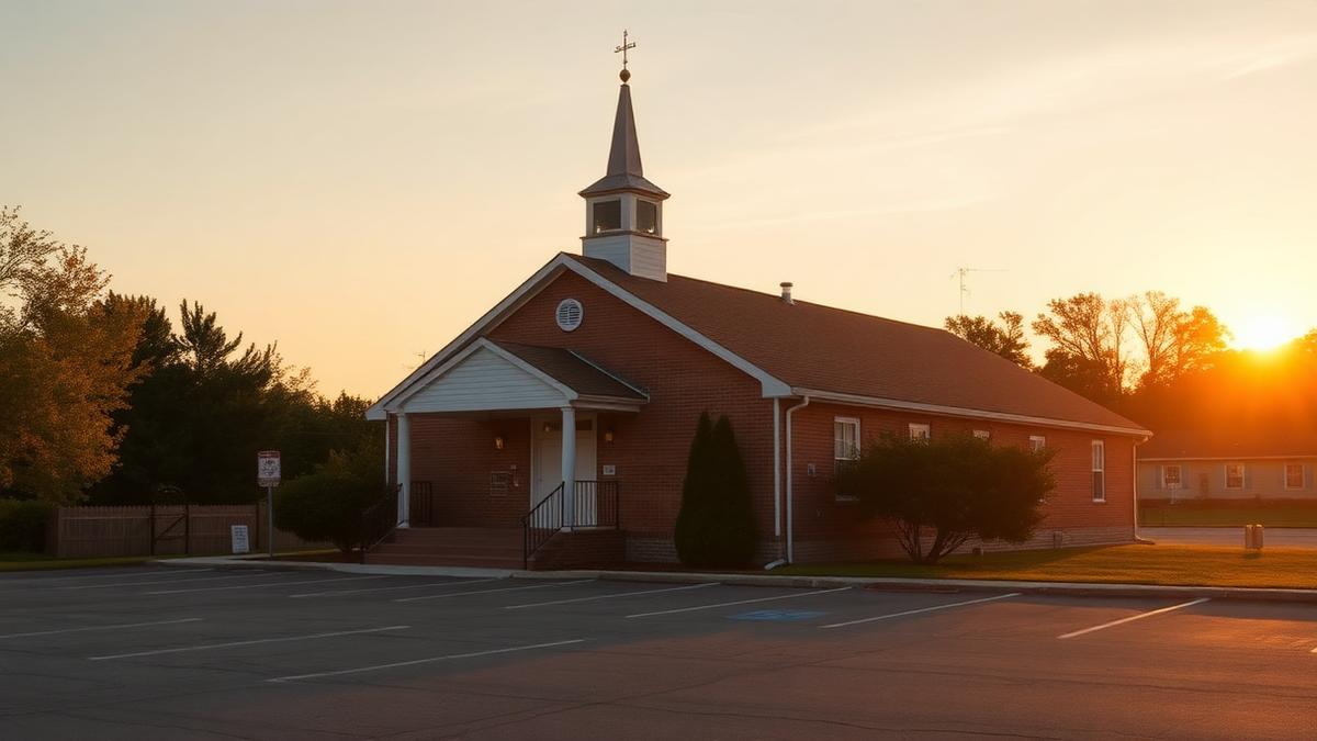 Brick church with a white steeple at sunset