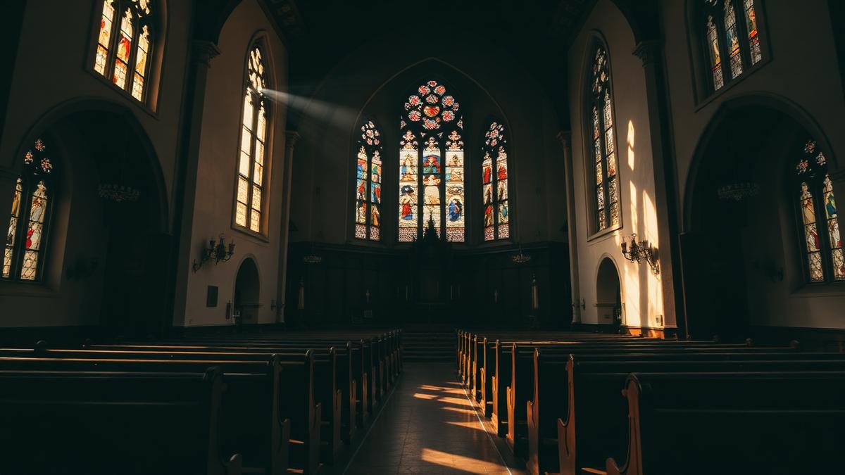 Sunlight streaming through stained-glass windows over empty wooden pews