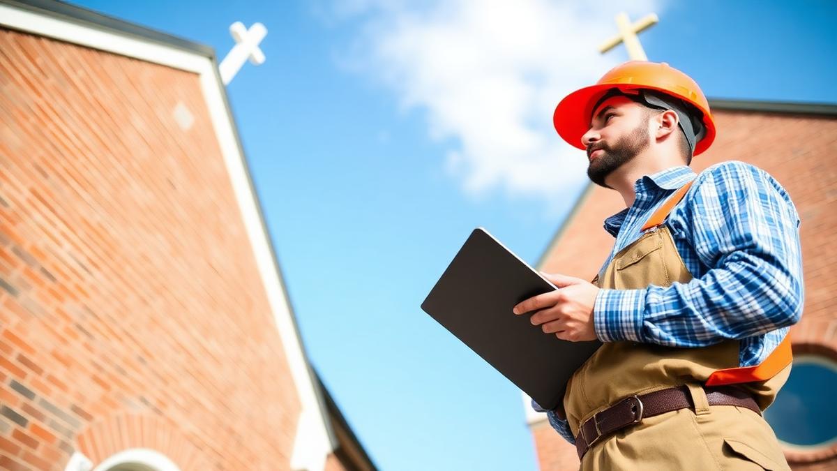 Contractor in a hard hat holding a clipboard beside a brick church with a cross