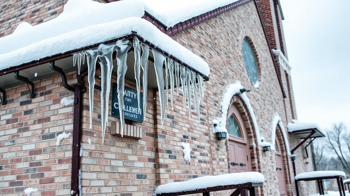 Icicles hanging from the snow-covered roof edge of a brick church
