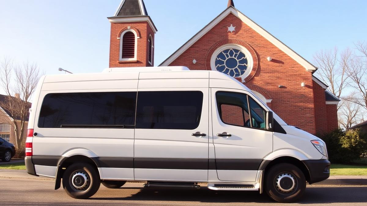 White passenger van parked in front of a red brick church