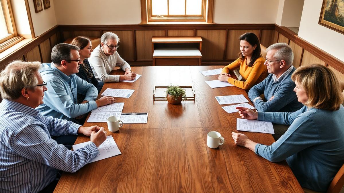 Church board members meeting around a wooden conference table